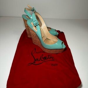 Christian Louboutin Green Patent Leather Une Plume Cork Wedge Sandals Size 38